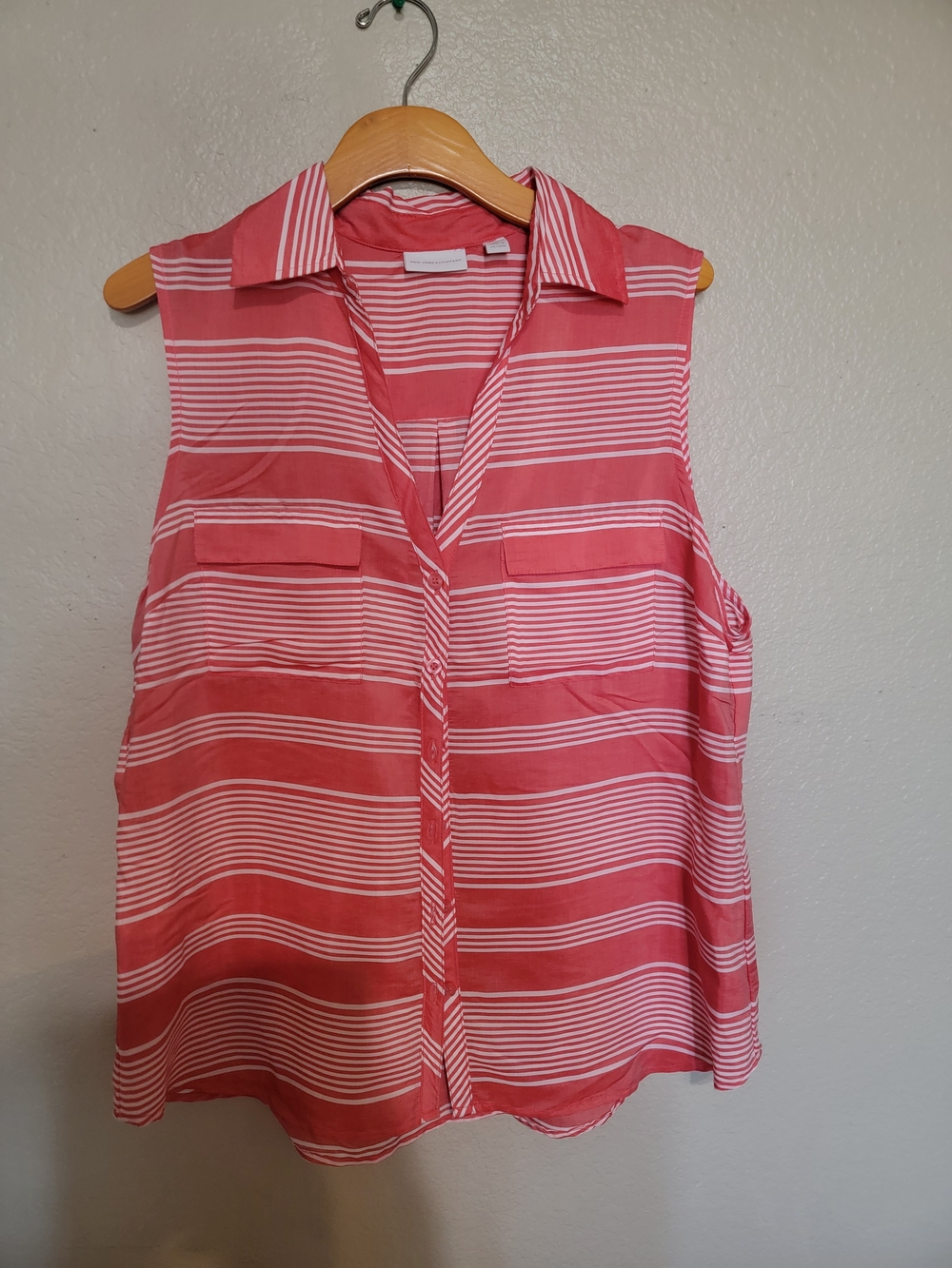 Sleeveless Coral Stripe Button-Front Blouse